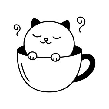 Cat in Coffee Cup Line Icon