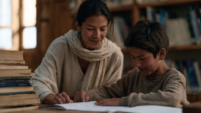 Roma youth mentorship program coordinator crouches to eye level with a teenage boy working through a math problem at a library table, books stacked high, afternoon light across