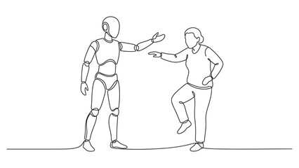 Obraz premium Continuous one line drawing of a humanoid robot helping an elderly woman with balance exercises