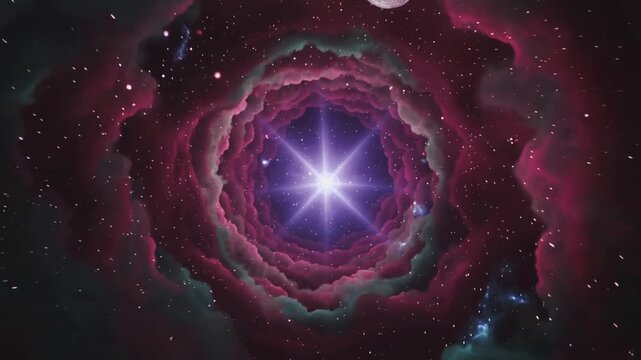 Surging magenta core sending bolts, forming nebula ring and pushing dust in space, moon upper-left