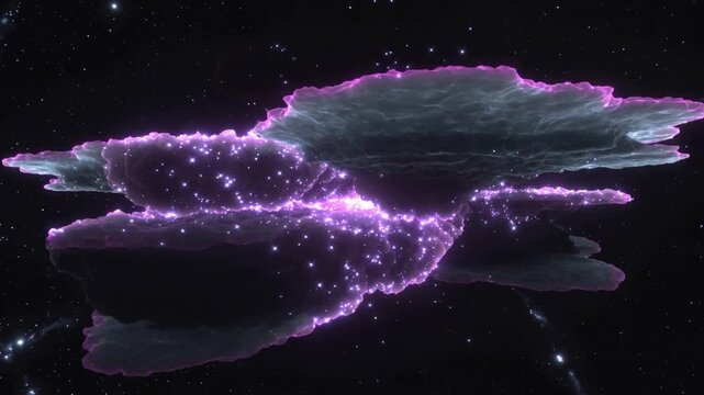 Flashing core ejecting orange lobed plasma outward and forming layered purple nebula in deep space