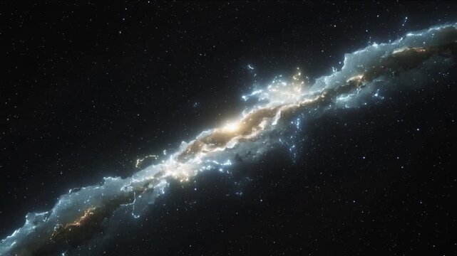 Erupting core spawning red rings, jet, forming gold disk, star knots in space, evolving into spiral