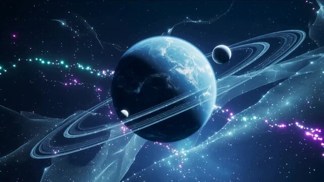 Starting camera sweep, ringed world turning, showing lit limb in space with 2 moons ribbons streams