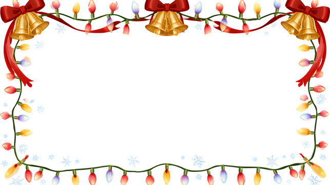 Festive bells with colorful string lights and snowflakes isolated on transparent background