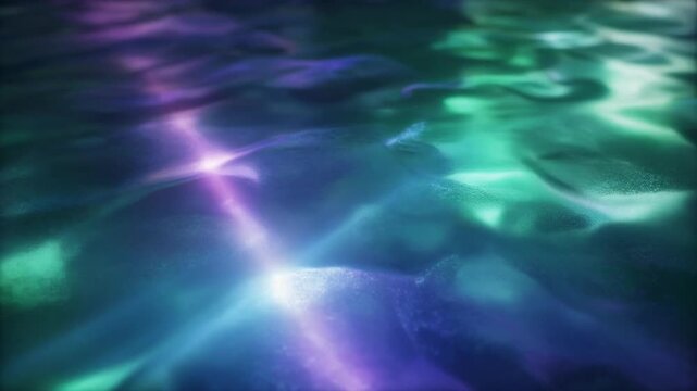 Polar light reflects across a frozen crystal surface with flowing emerald, blue and violet glow, creating elegant optical reflections and a refined luxury abstract background.