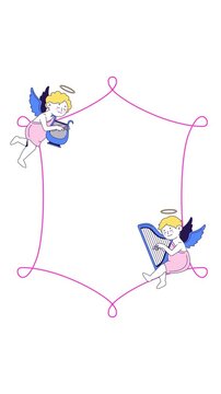 Two playful cupids playing harps squiggle animated retro frame overlay. Cherub angels musicians. Coquette ribbon flourish. Transparent vertical border animation for social media and video content