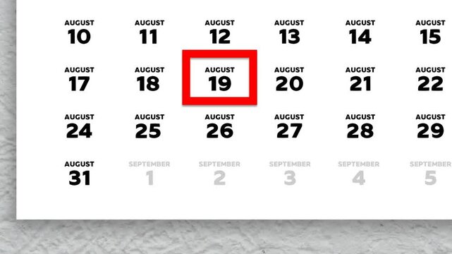 Red cursor highlighting August 19th on a 2026 wall calendar page