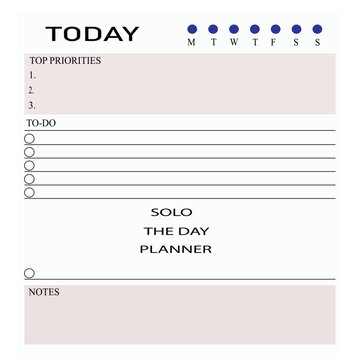Solo the day planner template with top priorities checklist, to-do list, and notes section