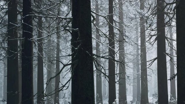 Tall trees stand in a snowy forest. Snow covers the ground and branches. Mist surrounds the area creating a quiet atmosphere. This scene takes place during winter in a forest.