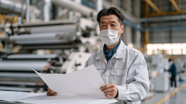 Korean EV battery gigafactory electrode coating technician overseeing slurry application onto copper foil substrate, wide industrial machinery hall, electromobility manufacturing