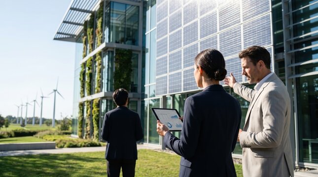 Business team discussing sustainable architecture outside modern office building with solar panels and vertical garden, wind turbines in background, corporate social responsibil...