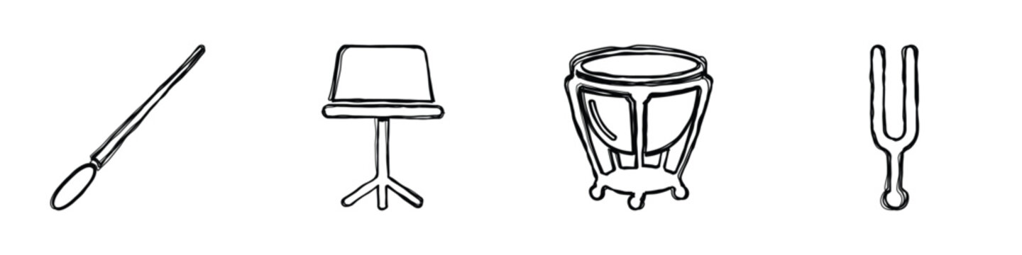 A conductor's baton, music stand, timpani drum, and tuning fork are depicted in a minimalist sketch