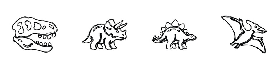 A set of four distinct hand-drawn style illustrations featuring prehistoric creatures and a fossilized skull, perfect for educational or decorative purposes © Vova7