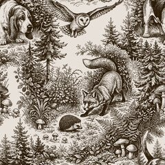 Fototapeta premium Seamless vector pattern with animals hunting. Vintage traditional European engraving style illustration. 