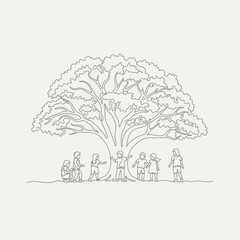 Fototapeta premium Kids playing under big tree line art sketch illustration