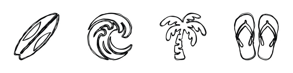 A set of four hand-drawn black and white icons representing a surfboard, a crashing wave, a palm tree, and flip-flops, perfect for summer themes © Vova7