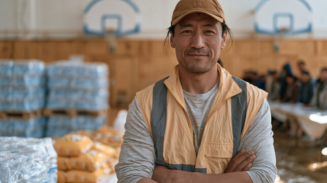 Mongolian disaster relief coordinator in a reflective vest oversees supply distribution in a flooded community gymnasium, pallets of water cases and packaged food visible under