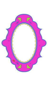 Floral pattern folk oval animated retro frame overlay. Undulating scalloped accents. Cultural blossom. Botanical motifs. Transparent vertical border animation for social media and video content