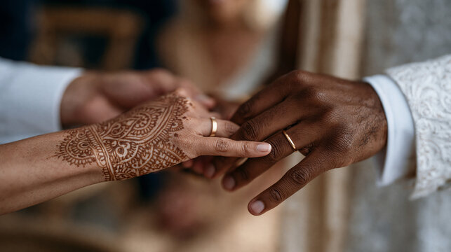 Extreme close detail of two hands meeting during a ring exchange, one with intricate henna patterns and one with a simple gold band being slid into place, shallow focus isolating