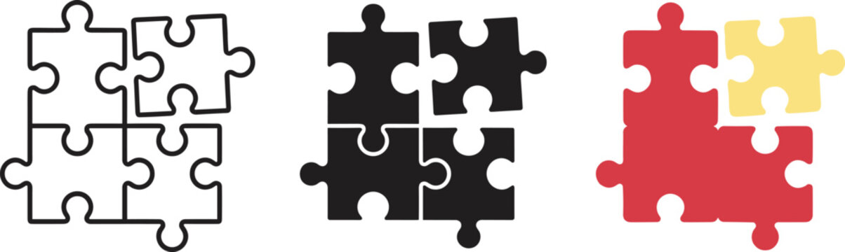 Puzzle pieces icon collection featuring teamwork and collaboration in outline glyph and flat color vector illustration styles