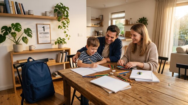 Back to school family homework at kitchen table