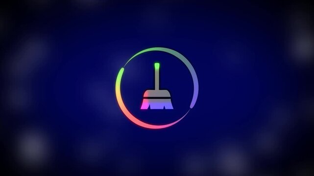 Neon glowing broom and checkmark animation, digital cleaning and task completion motion neon