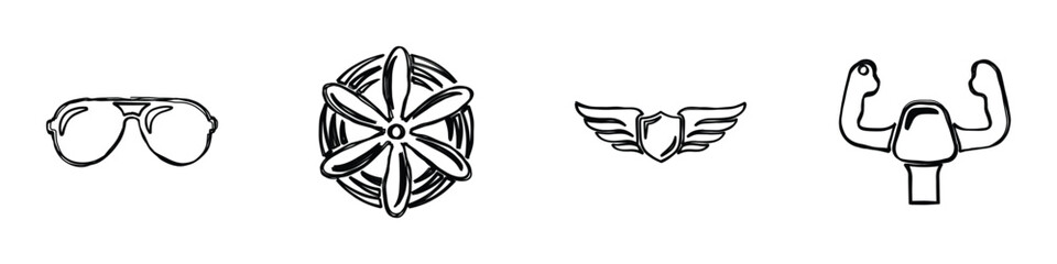 A set of four distinct line art illustrations representing aviation symbols, perfect for design projects © Vova7