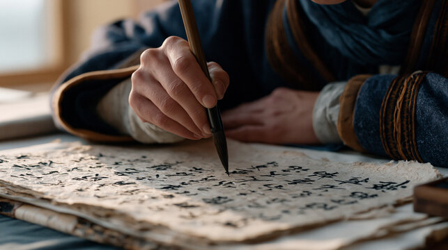 Sami calligraphy practitioner writes traditional joik lyrics in ink on handmade birch-fiber paper, the horsehair brush held above the page with careful deliberation in a quiet