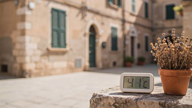 Digital thermometer showing forty one degrees celsius temperature standing on stone wall next to potted dried lavender plant with blurry old historic mediterranean street scene background.