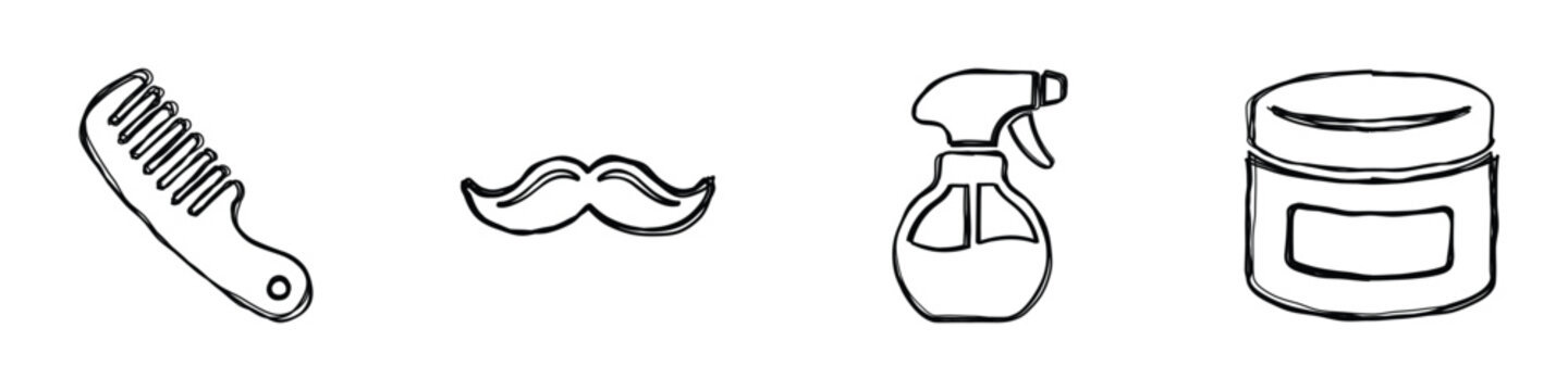 A collection of hand-drawn line art icons representing essential tools for men's grooming and hairstyling