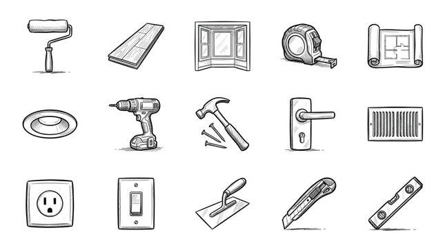 Various hand-drawn construction and home improvement tools and materials are neatly arranged on a clean white background, showcasing essential items for building and renovation projects