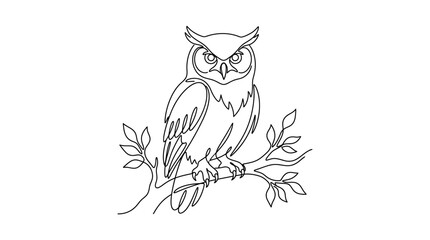 Fototapeta premium Minimalist continuous line drawing of a majestic owl perched on a tree branch.