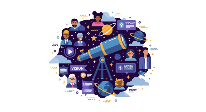Business Vision and Mission Statement Illustration with Telescope, Diverse Team, and Cosmic Elements