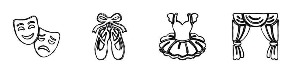 A set of four hand-drawn black and white icons depicting theater masks, ballet slippers, a tutu, and stage curtains, symbolizing performing arts © Vova7