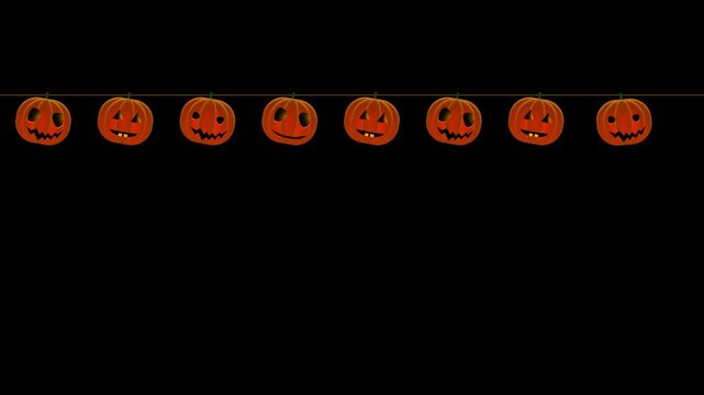 Seamless animated top border, garland of orange carved Jack-o'-lantern pumpkins hanging on a rope on a black background with copy space