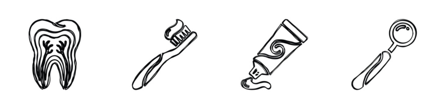 A set of hand-drawn black and white icons representing essential dental care tools and anatomy for oral hygiene and dental health concepts