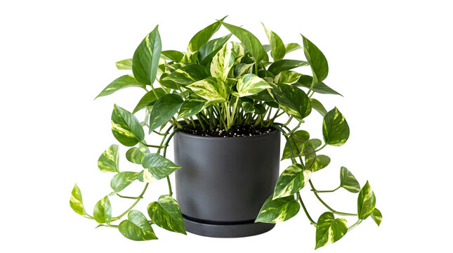 Golden pothos plant in black pot isolated on transparent background
