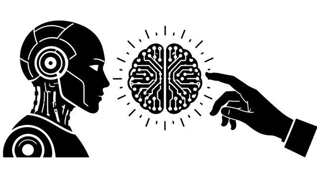 Robot head with circuit board brain and human hand pointing technology concept