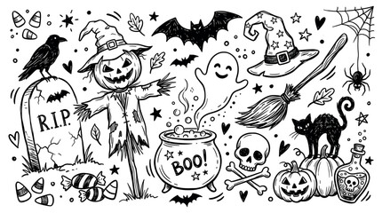 Obraz premium Hand-drawn black and white Halloween elements including a scarecrow, ghost, witch's hat, and cauldron on a clean background