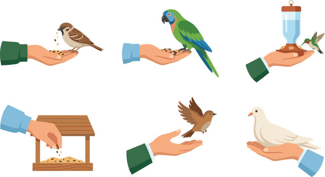 Bird feeding vector illustration set with cartoon human hands feeding sparrow parrot hummingbird dove and filling garden birdhouse feeder