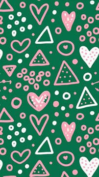 Hand drawn doodle pattern green background with pink and white hearts triangles circles