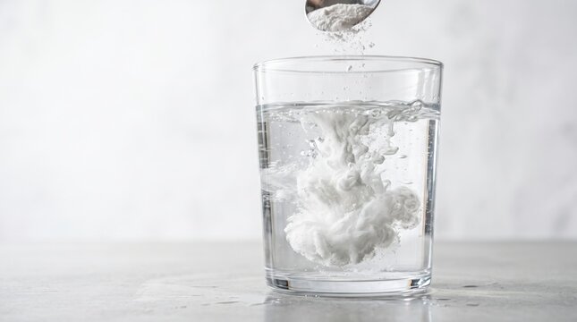 protein and creatine powder dissolves into clear water with visible swirling clouds, showing mixing process, hydration and clean supplement preparation for sports nutrition content.