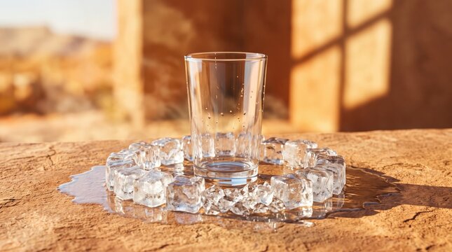 Empty glass surrounded by melting ring of ice creates elegant surreal image about thirst, relief and fragile coolness during long oppressive summer heat.