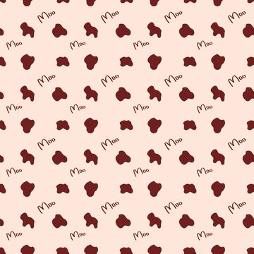 Seamless cow print pattern with cute moo text on a soft beige background