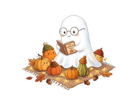 A ghost reads a book among pumpkins and autumn leaves isolated on transparent background