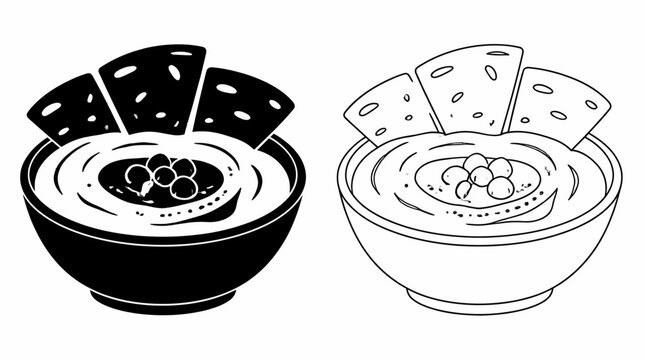 Hummus dip with tortilla chips in a bowl, healthy snack illustration