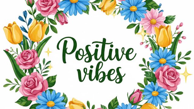 Floral wreath with pink roses, blue daisies, yellow tulips, positive vibes text, motion graphic