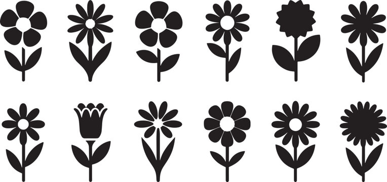 Flower icons with stems and leaves stylized plants simple floral graphics botanical. Vector illustration