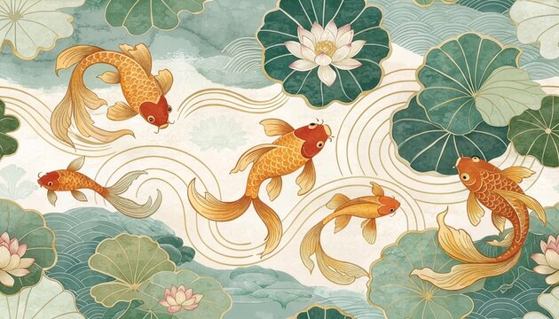 Golden koi fish swim gracefully among lotus blossoms and lily pads in elegant traditional Japanese watercolor illustration.