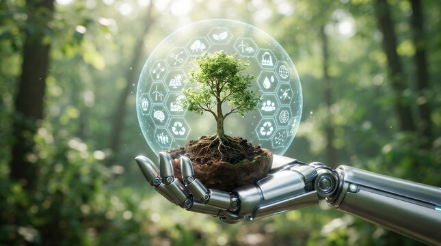 Robotic hand holding small tree with eco friendly icons in transparent sphere for environmental conservation